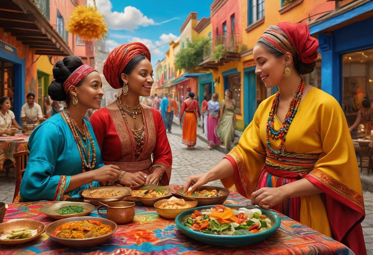 A vibrant scene depicting diverse individuals engaging in cultural exchange, showcasing traditional clothing, and sharing stories around a colorful table filled with unique artifacts and food from various cultures. In the background, a community mural celebrates unity and diversity, fostering a sense of connection. The atmosphere radiates warmth and inclusivity, inviting viewers to explore the rich tapestry of global cultures. super-realistic. vibrant colors. 3D.