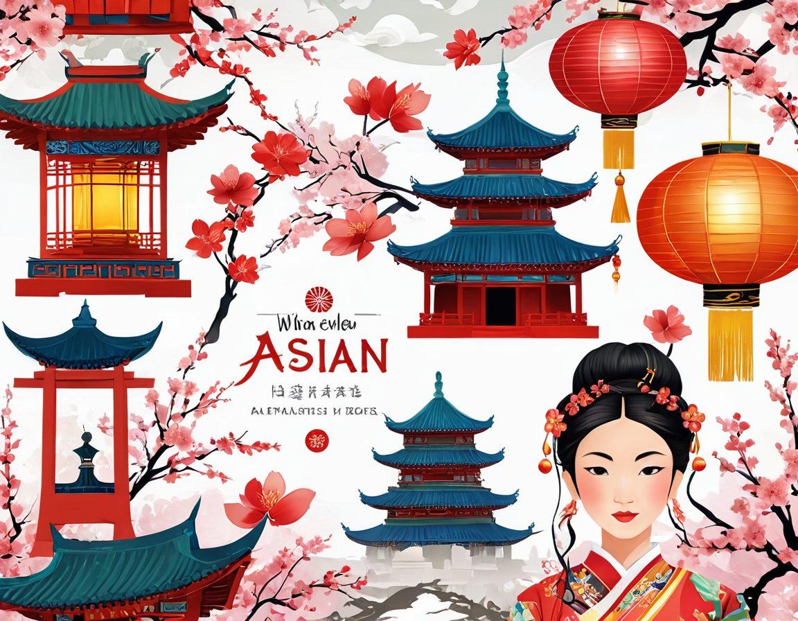 A vibrant collage showcasing diverse Asian cultural elements, featuring traditional clothing, festive decorations, and iconic landmarks from different countries. Include symbols of Asian heritage like lanterns, dragons, and cherry blossoms, blended with inspirational quotes in elegant typography. The scene should evoke a sense of celebration and respect for Asian traditions, filled with rich colors and dynamic energy. super-realistic. vibrant colors. white background.