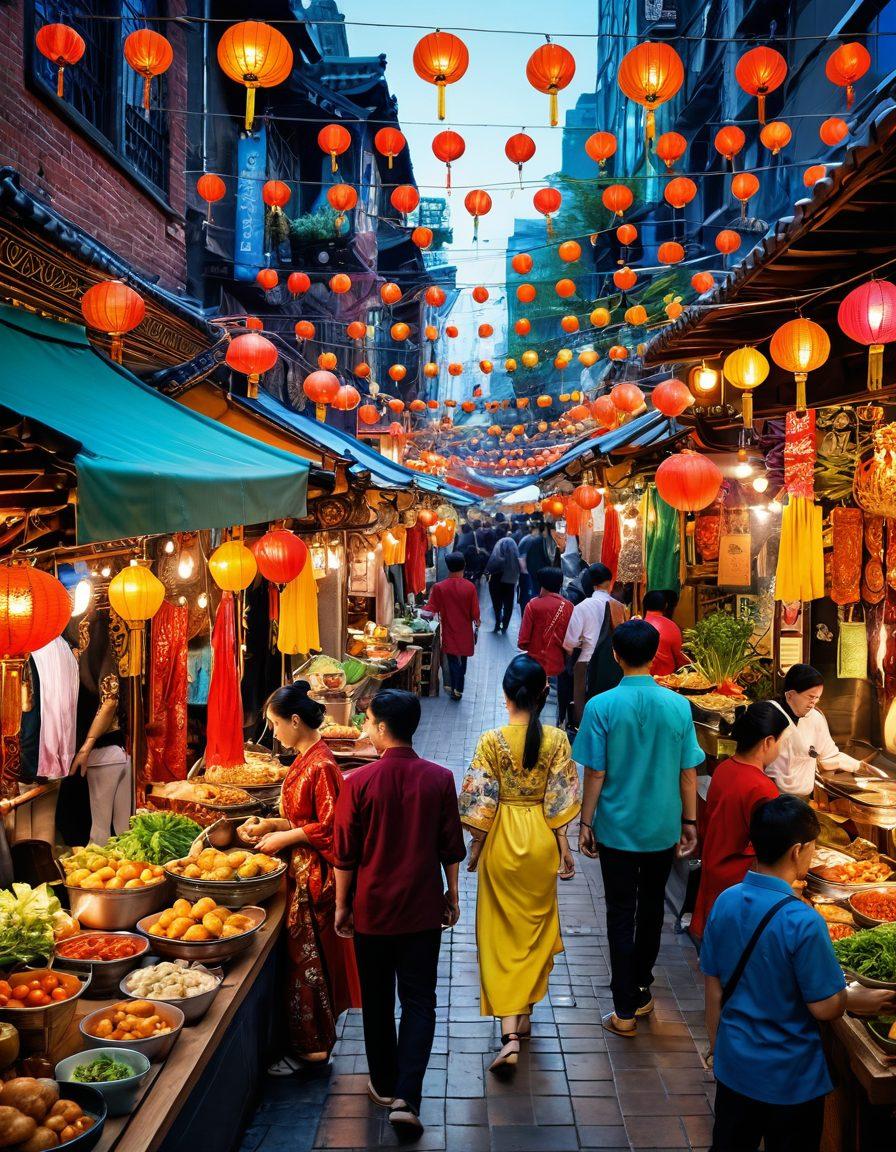 A vibrant montage showcasing diverse elements of Asian culture, including traditional clothing, street food stalls, and festive events filled with people celebrating. Integrate modern lifestyle aspects like tech gadgets and stylish cafes, blending tradition with innovation. Use lively colors and intricate patterns to enhance the festive atmosphere. super-realistic. vibrant colors. dynamic composition.